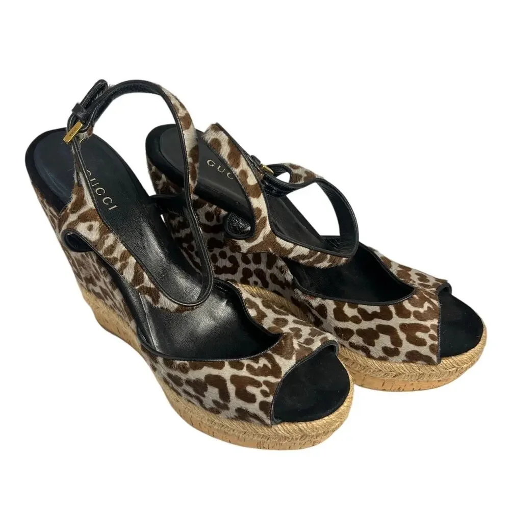 GUCCI Grey Taupe Calf Hair Leopard Cork Platform Wedge Sandals Size 38 8